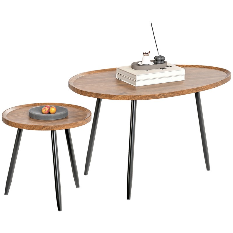 HOMCOM 2 80cm Sofa Side Table Set of 2 with Metal Legs, Chestnut Wood Effect