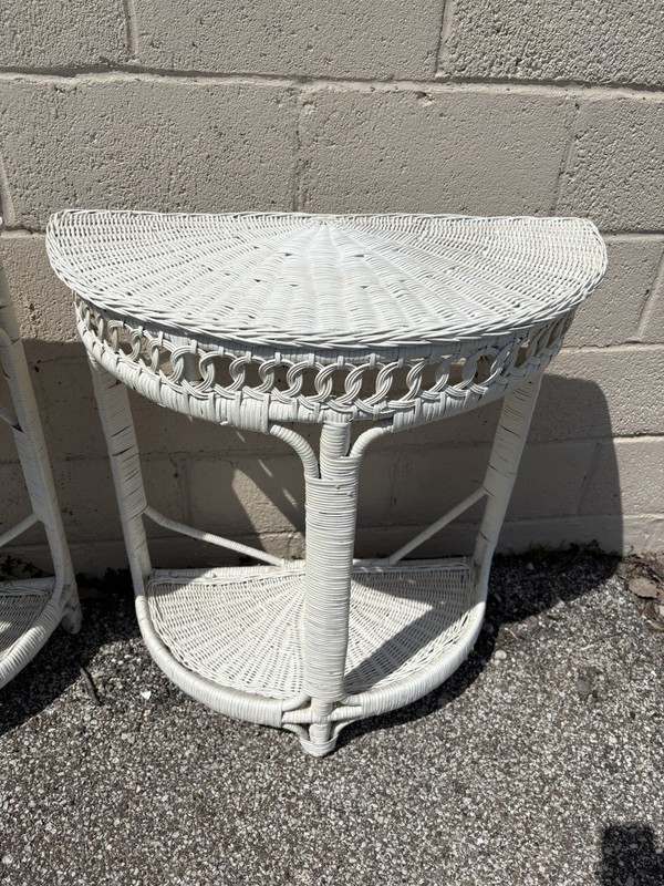 Vintage White Wicker Round Table Or 2 Half Round Console Tables Shabby Chic gallery