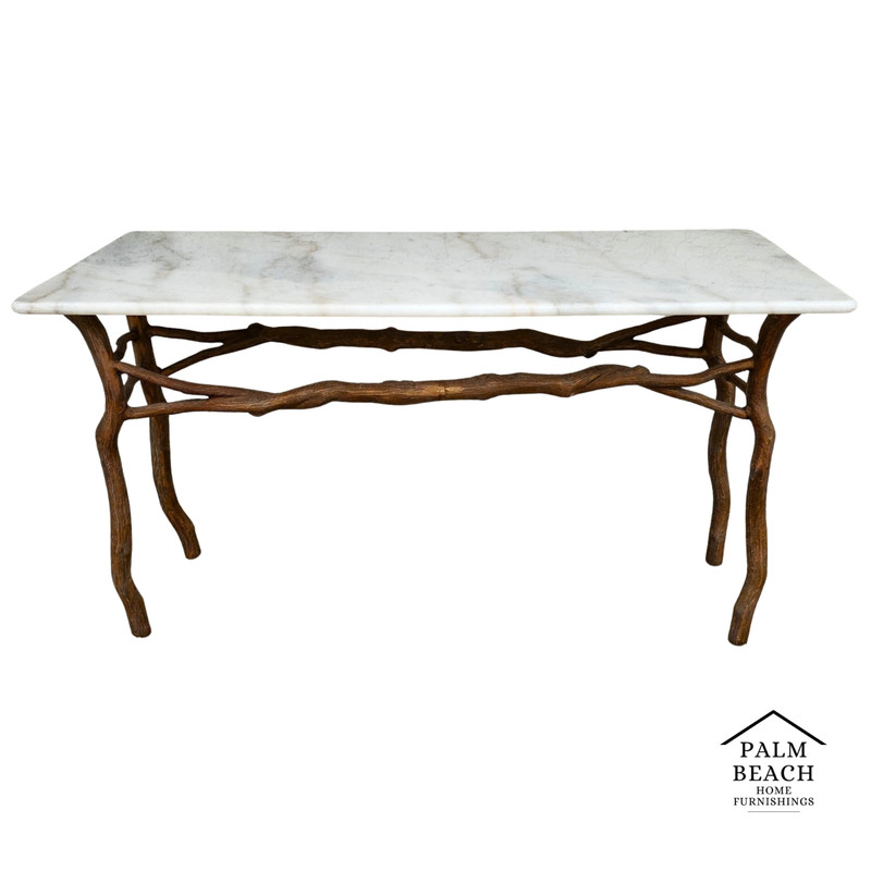 Vintage French Rustic Metal & Marble Faux Bois Branch Console Sofa Table