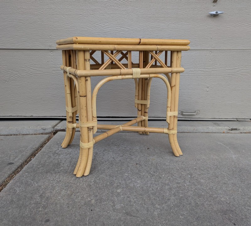 Vintage MCM Boho Chic Bamboo Wicker Rattan Cane Top End Table Tiki Coastal T63 gallery