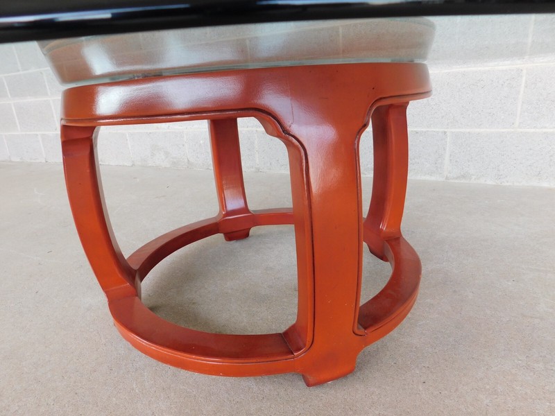 Henredon Pan Asian Collection Lacquered Base Glass Top Cocktail Table 40"w gallery