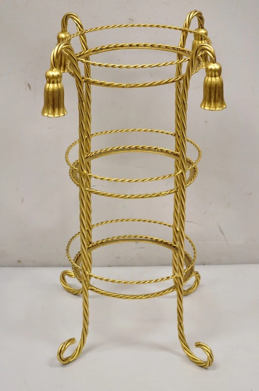 Italian Hollywood Regency 3 Tier Gold Iron Rope Tassel Stand Side Tables - Pair gallery