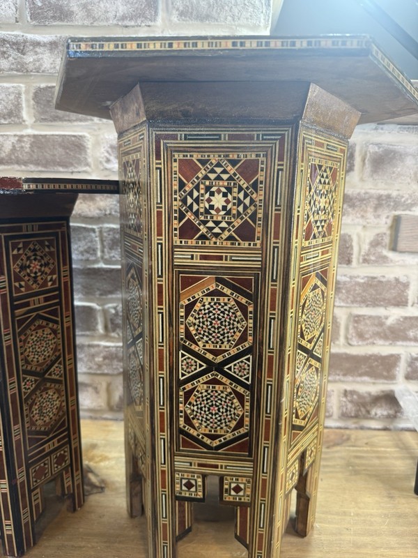 Antique Set 2 WUNDERLY VINTAGE SYRIAN INLAID MOROCCAN Wood Side TABLES Or Stands gallery