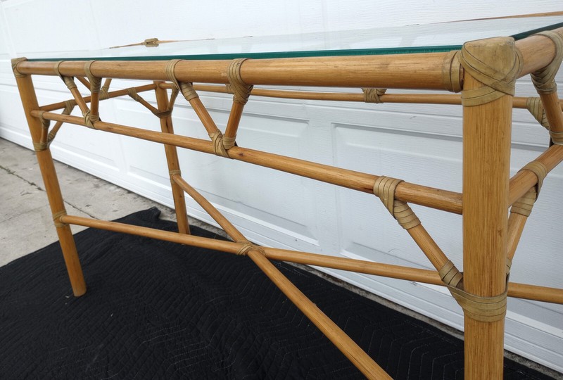 Vintage Mid Century Leather Wrapped Console Table Glass Top gallery