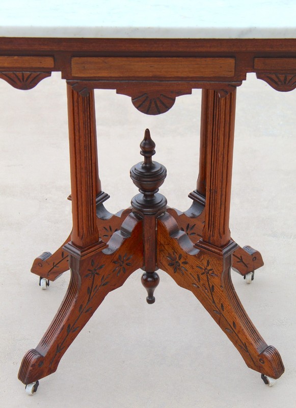 Antique Victorian Eastlake Marble Top Parlor Table | Carved Walnut Side - 1880 gallery