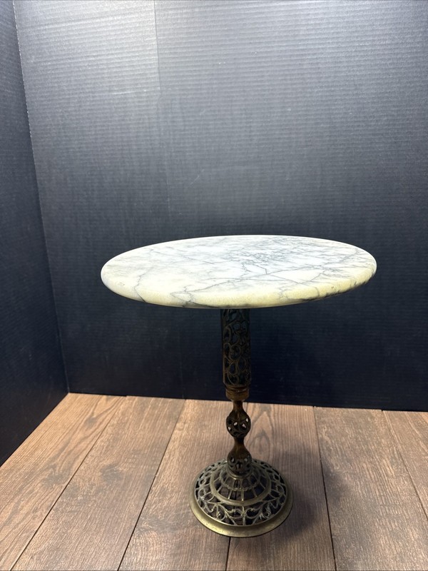 Exquisite french bistro table with white round marble top brass decorated foot