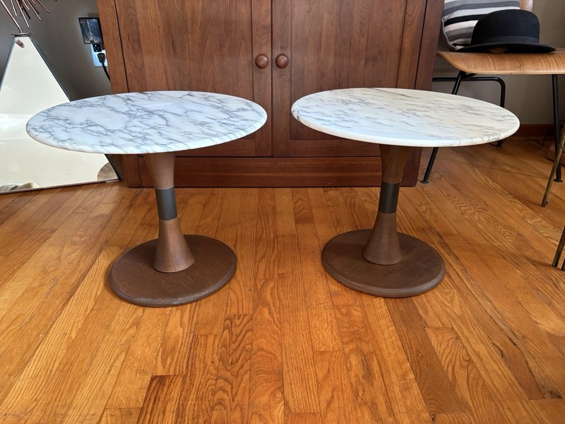 Mid-Century Modern (MCM) walnut and marble pedestal side tables