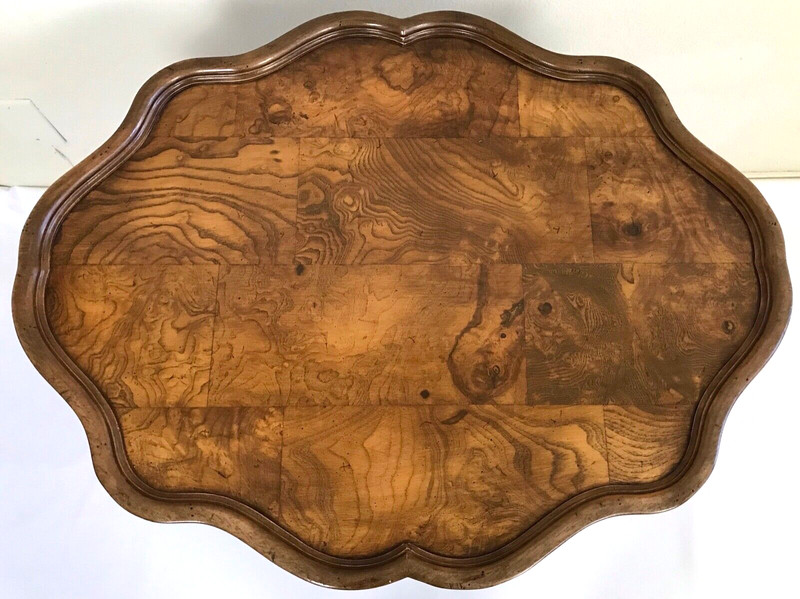 Vintage Pair Louis XV Solid Maple & Burl Inlaid Scalloped Edge Side End Table gallery