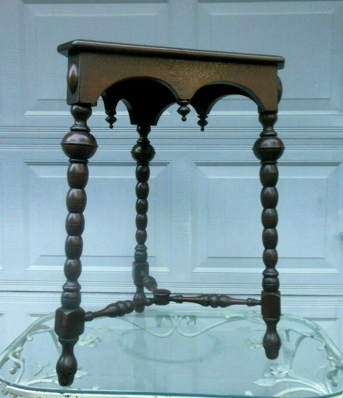 Antique Kittinger Triangle Walnut Table Stand w Turned Legs Triangle Top gallery