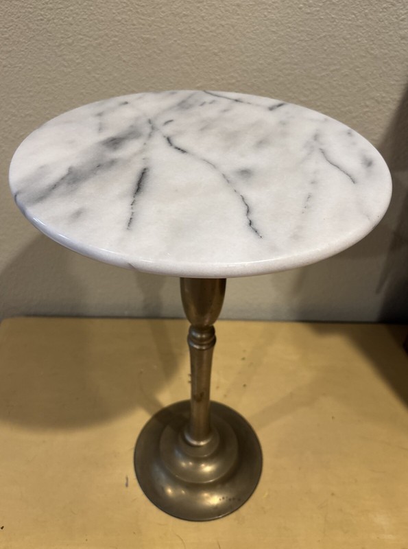 Vintage White & Gray Marble And Brass Plant Stand Accent Table 12”x17.5”