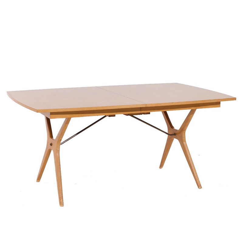 Rway Mid Century Walnut Brass Hidden Leaf Expanding Dining Table with 2 Leaves