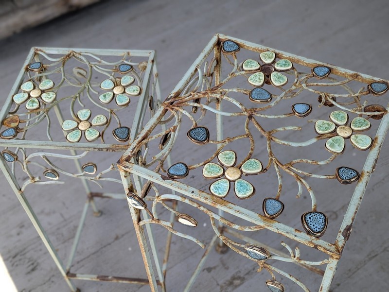 Vintage Distressed Metal End Side Tables two floral flower design teal plant sta