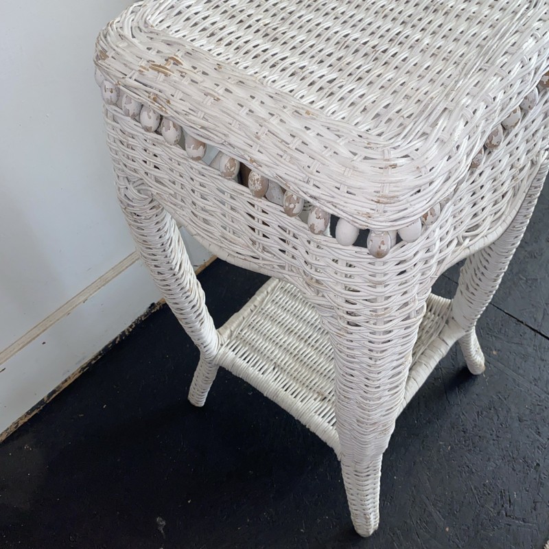 Vtg Wicker Rattan Plant Stand Boho Side Table Round Shabby White Wood Beads 28” gallery