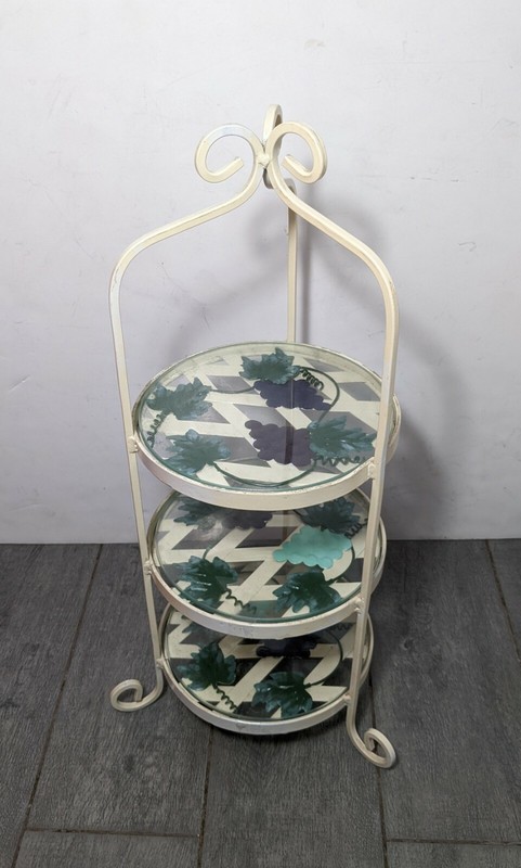 Vintage Round White Metal Pie/Cupcake Tiered Display Plant Stand Glass Shelf