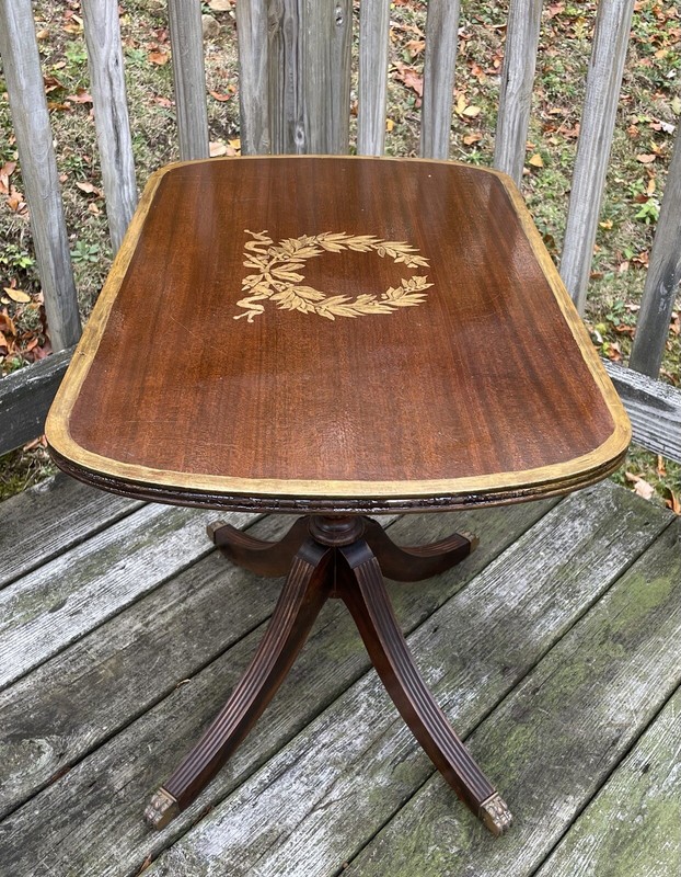 Vtg Table Side End Coffee Christmas Wreath Mahogany Wood Gold Painted RARE! gallery