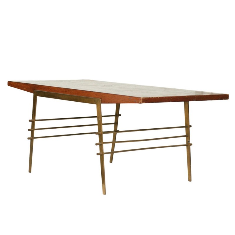 Mid Century Modernist Oak Coffee/Cocktail Table with Brass Architectural Base gallery