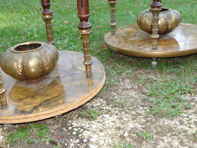 Pair Mid-Century Hollywood Regency Faux Italian Gold Tole Glass Top Tables gallery