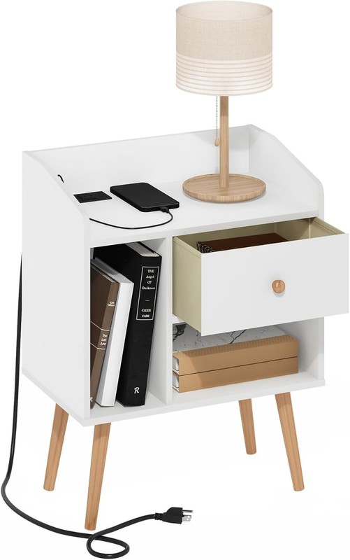 Claude Mid-Century End Table with Charging Station – White, Space-Saving Design gallery