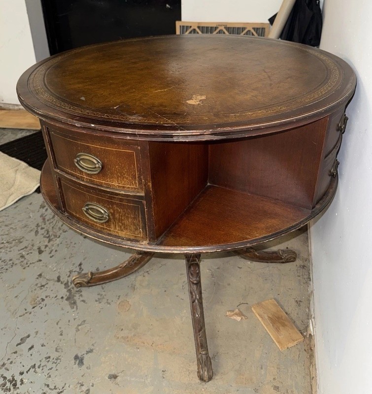 Regency Style Mahogany Rotating Drum Tooled Leather Table