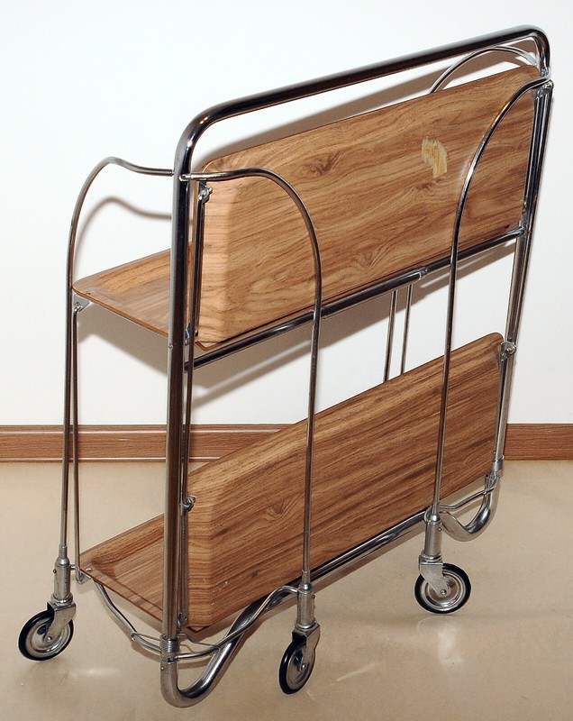 SERVING TABLE Mid-Century Modern Folding Tea Cart Chrome Plywood Bauhaus Style gallery