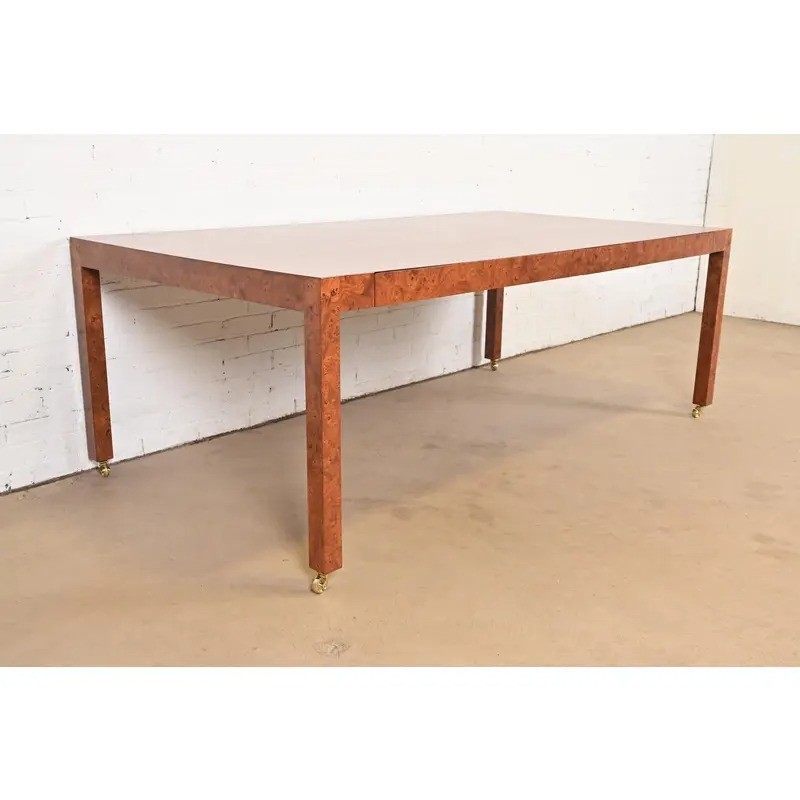 Milo Baughman Style Mid-Century Modern Burlwood Parsons Dining Table, Refinished gallery