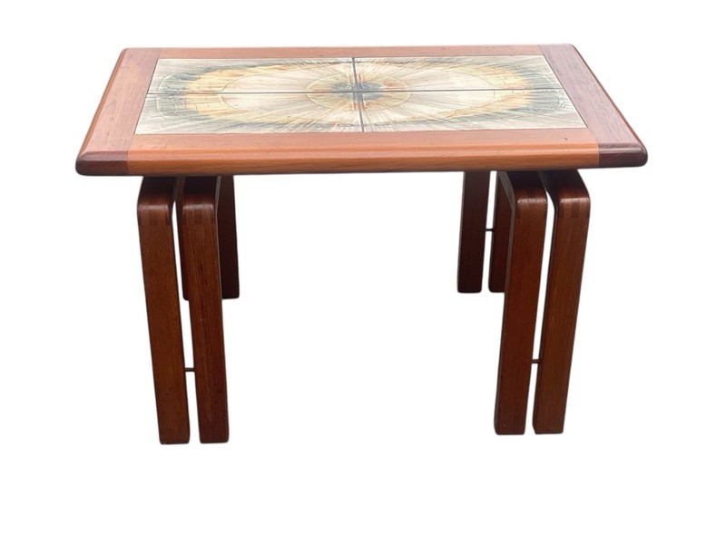 Fine MCM Danish Artist Signed Tile Top Floating Top Teak Side Table