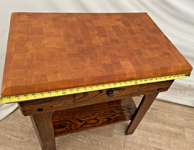 Vintage Butcher Block Carving Table Oak Base with Drawer Shelf End cut Maple top gallery