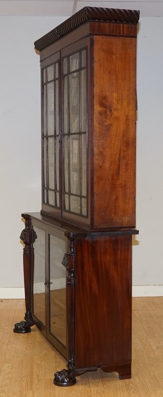 VICTORIAN MAHOGANY BOOKCASE WITH LION MASK CLAW FEET GLAZED DOORS gallery