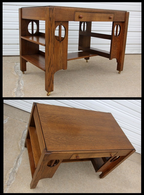 Antique Art Deco Quartersawn Oak Library Table w Dbl Stack Bookshelves &Footrest
