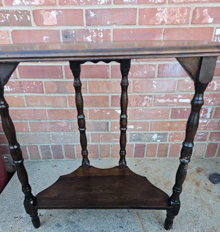 Vintage Half Moon End Table Plant Fern Stand Carved Solid Walnut Turned Wood Leg gallery