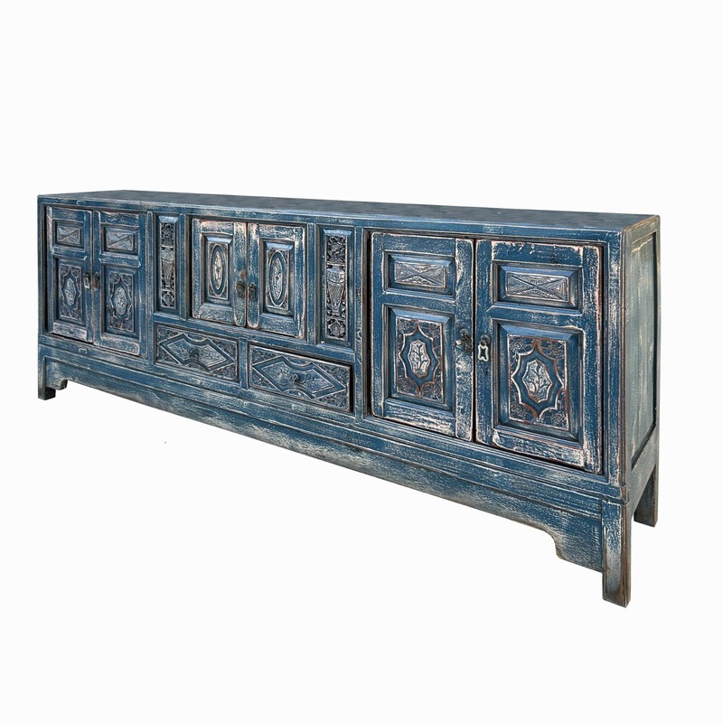 Chinese Distressed Dark Blue Vases Pattern TV Console Table Cabinet cs7738 gallery