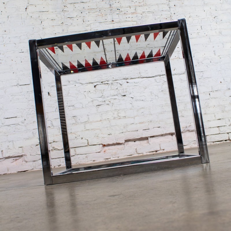 Mid-20th MCM Game End or Side Table Chrome Cube Frame & Backgammon Glass Top gallery