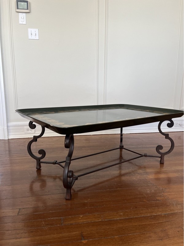 Italian Lacquered And Hand-Painted Gilt Wood Tray Top Coffee Table With Wrought gallery
