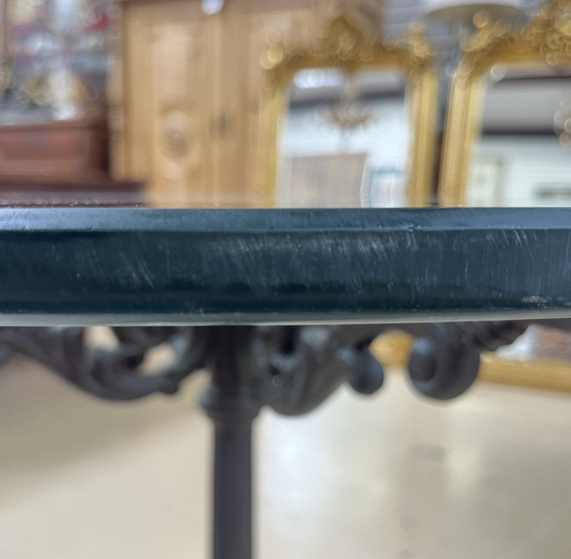 ANTIQUE FRENCH CAST IRON BISTRO/ PUB STYLE PEDESTAL TABLE W/ GLASS TOP gallery