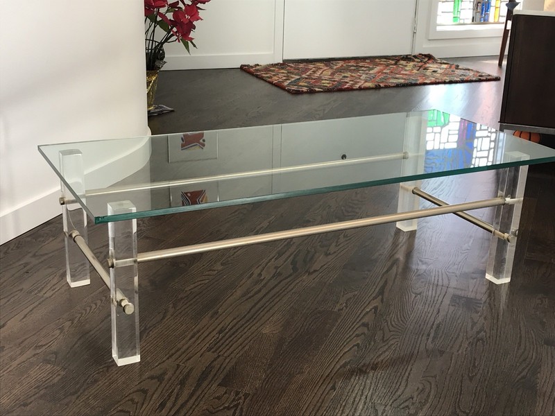 Mid Century Lucite & Metal Frame Rectanglular Glass Coffee Table gallery