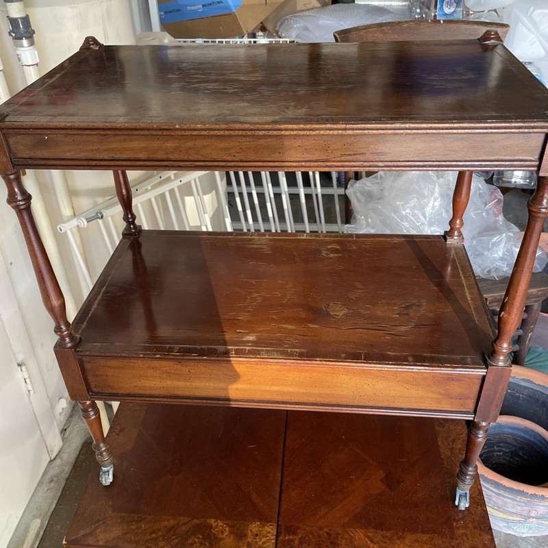 Hickory Chair Company Wood Two Tier Side-table On Wheels With Bottom Drawer. gallery