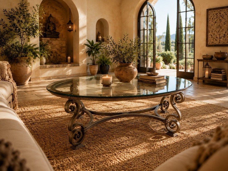 Antique Gold Mediterranean Revival Oval Glass Top Coffee Table w/ Ornate Wrought