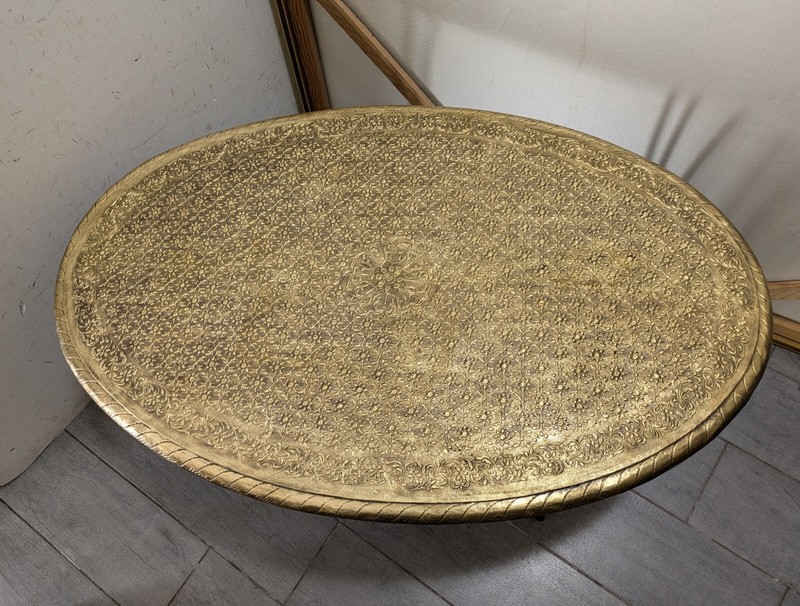 Vintage Moroccan Asian Oriental Style Embossed Brass Tin Wrought Iron Table gallery