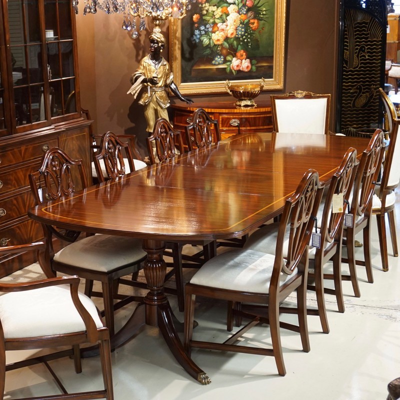 10' Duncan Phyfe traditional mahogany 2 pedestal formal dining table gallery
