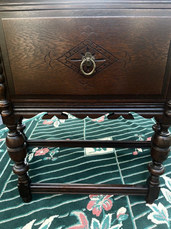 Tomlinson 1930s/40s Jacobean Revival Gothic Carved Romano Oak Server/ Side Table gallery