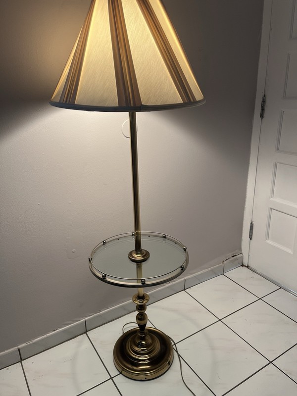 Gold Traditional Floor Lamp with Glass Table and Beige Bell Shade