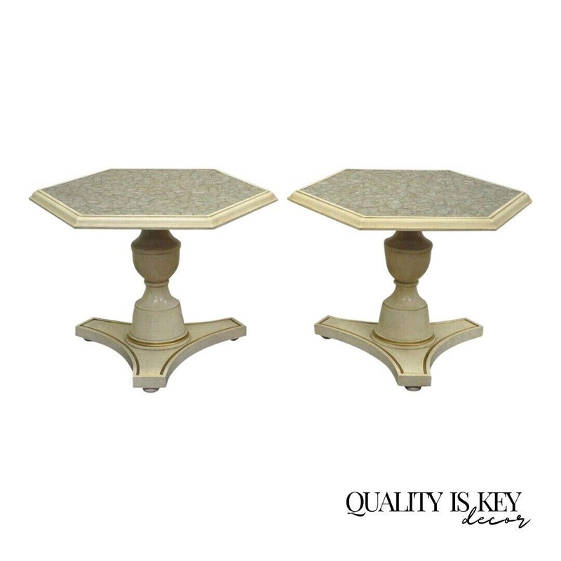 Hollywood Regency Mosaic Glass Tile Top Low Pedestal Side Tables – a Pair