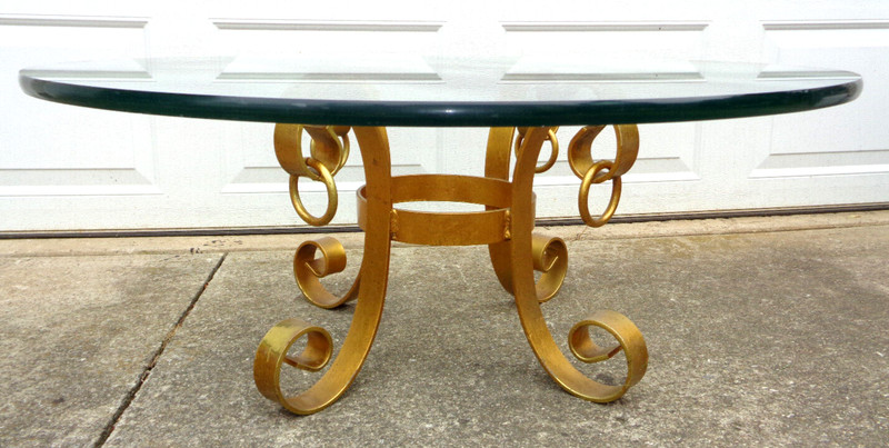 ITALIAN? GILDED SCROLL IRON COFFEE TABLE, HOLLYWOOD REGENCY, 3/4" GLASS, HEAVY! gallery