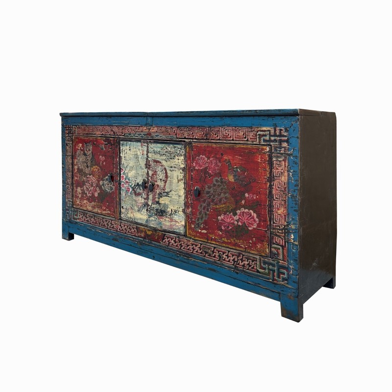 Chinese Distressed Blue Red Tiger Graphic Sideboard Console Cabinet cs7739 gallery