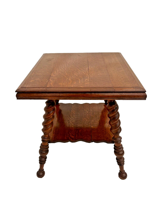 Antique Victorian Table bottom shelf Tiger Oak Thick Barley Twist legs Ball feet gallery