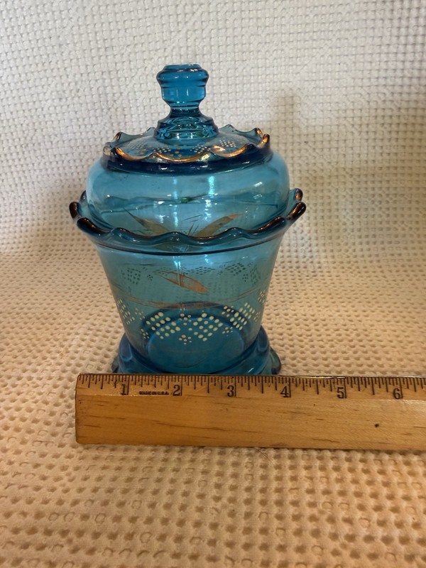 VTG Hand Painted Turquoise blue glass table set Butter, Cream, Sugar, Candy Dish gallery