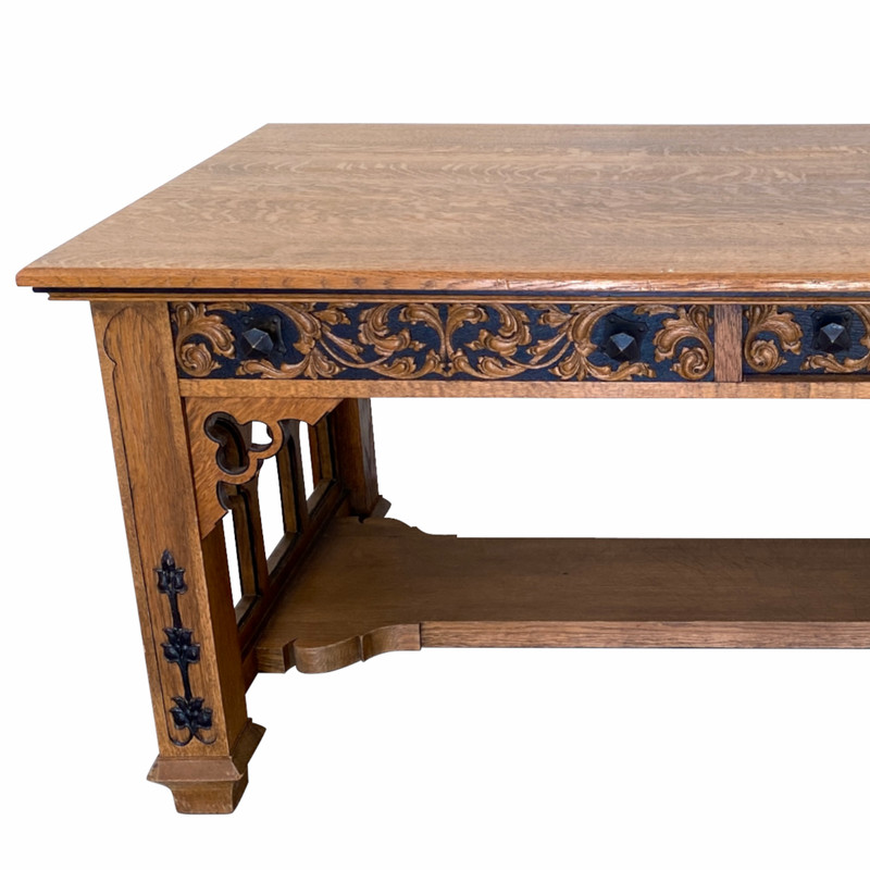 19th C. Gothic Revival Library Table, Carved Drawers, c.1880 gallery