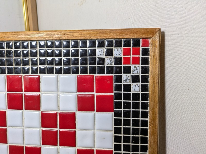 Vintage Ceramic Tile Mosaic Table Top Panel Wall Art Chess Geometric Wood Frame gallery