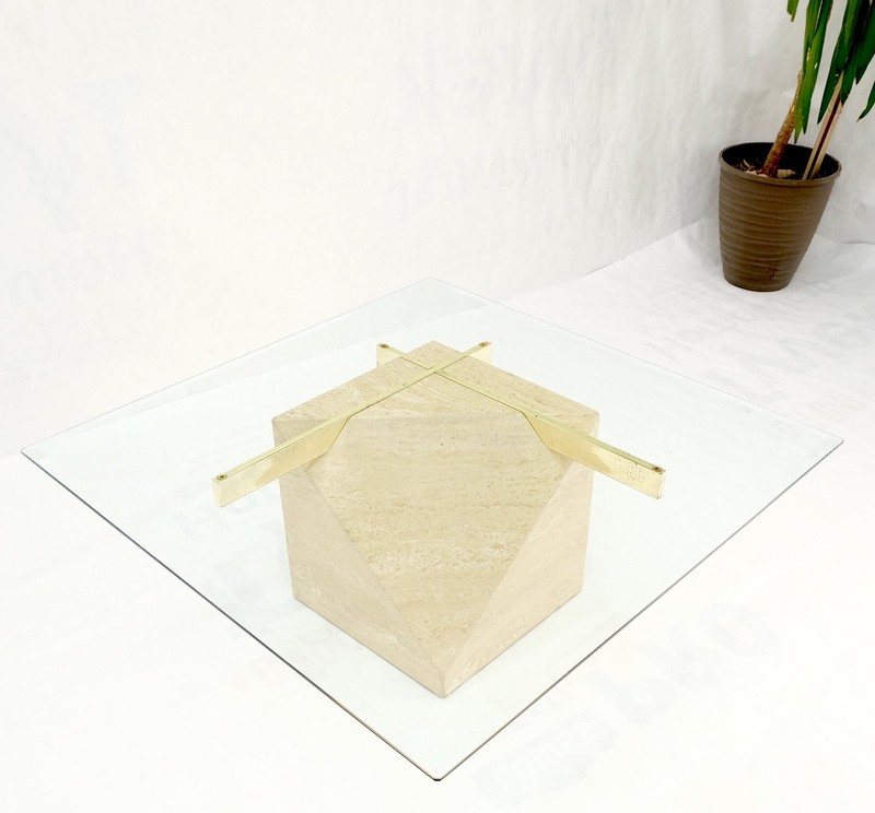 Travertine Cube Base Square Glass Top Italian Mid-Century Modern Coffee Table gallery