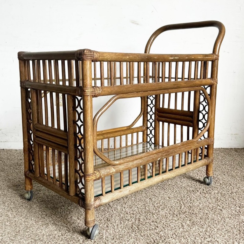 Boho Chic Bamboo Rattan and Glass Two-Tier Bar Cart gallery